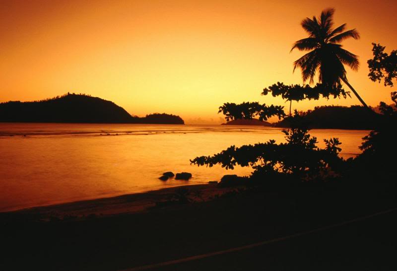 Seychelles - Ile Therese at sunset from Port Glaud, Mah...