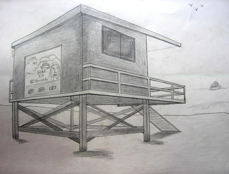 Venice beach lifeguad tower, sunset, (pencil)