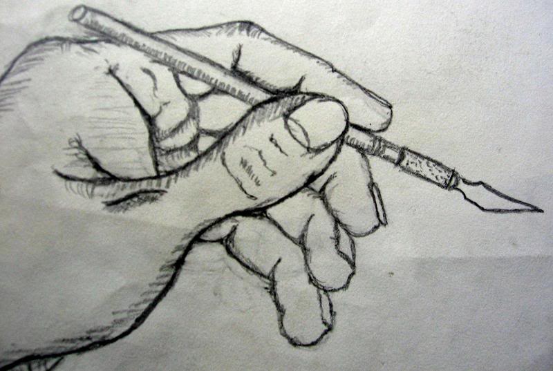 main, hand holding a blade, Pencil