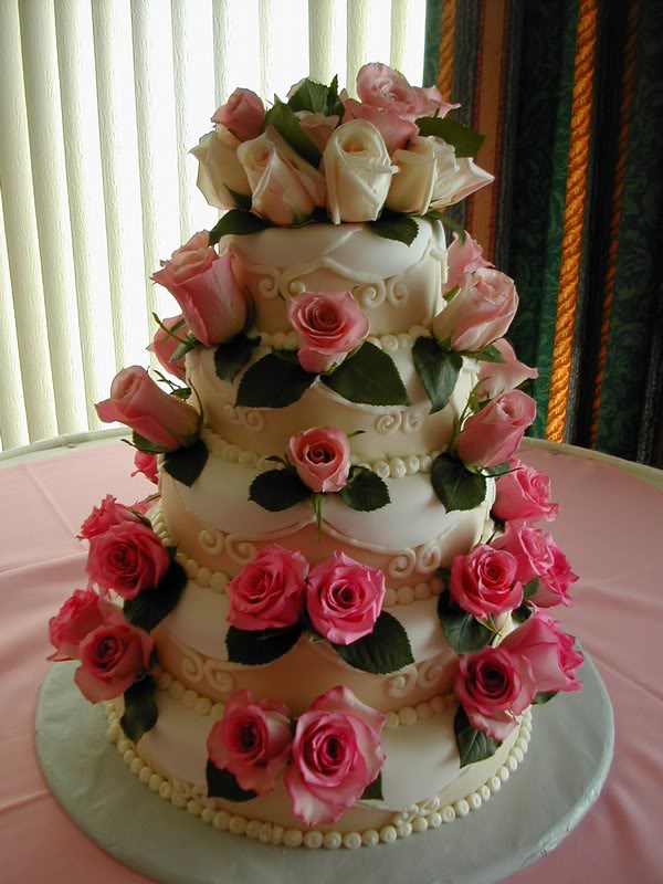 Pink roses and fondant wedding cake