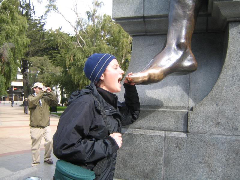 In Punta Arenas...kissin g this guys foot was good luck,...