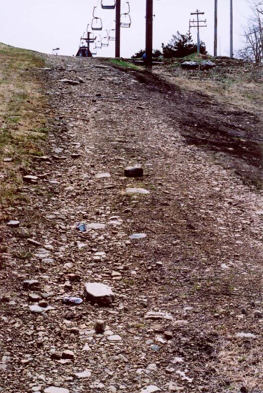 Rocks and erosion on Upper High Hopes ski slope, April ...