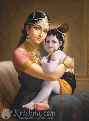 mother yashoda holding krishna on her lap