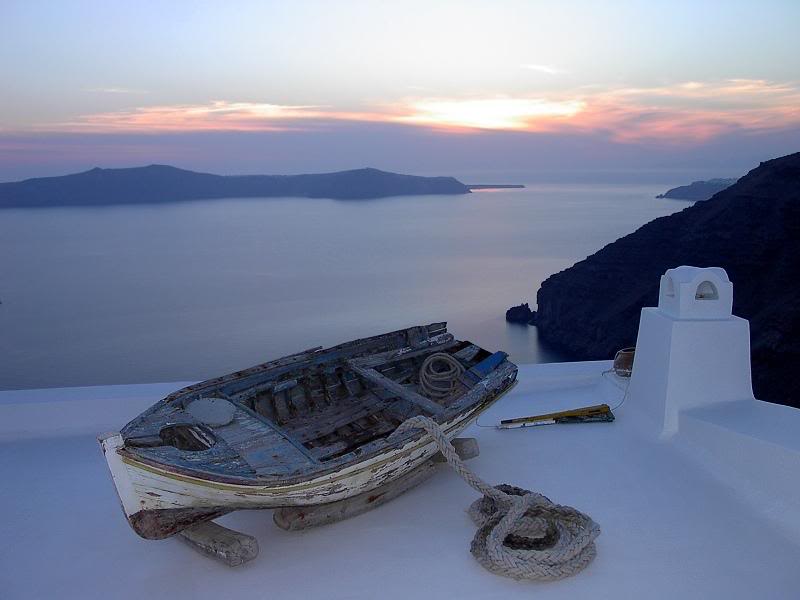 Fira - boat, sunset.