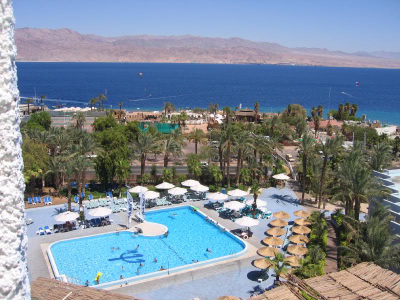 View from terrace overlooking pool and Red Sea