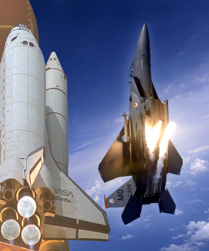 An F-15E Strike Eagle is racing with the rising space s...