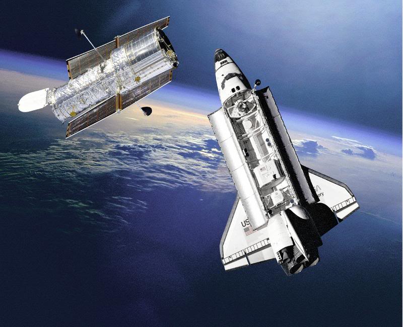 Space Shuttle approaches Hubble space telescope with ca...