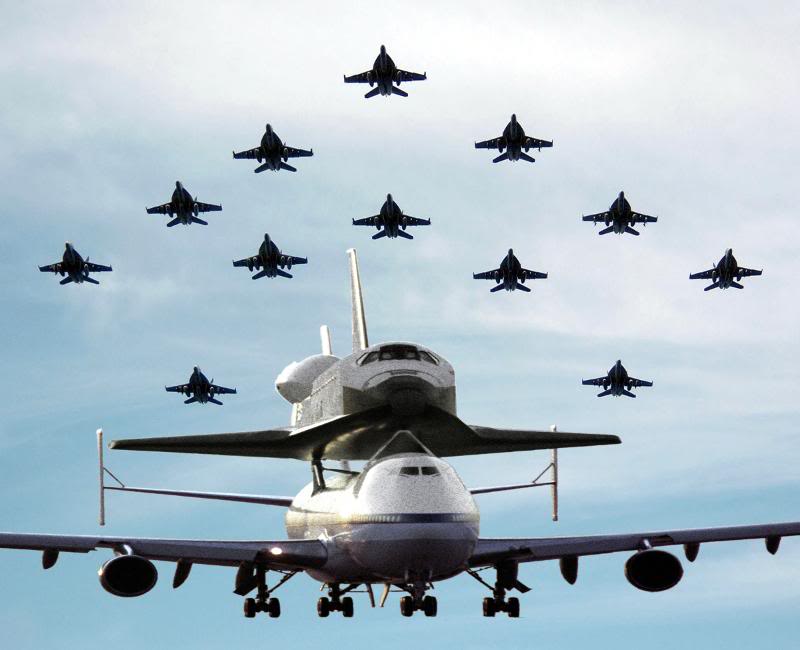 Twelve F/A-18F Super Hornet's escort NASA's 747 Shuttle...