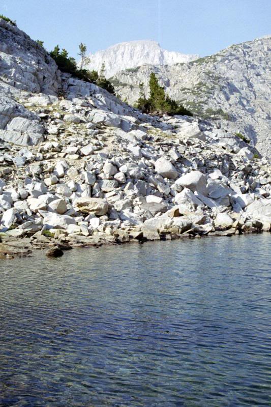 First view of Mt Abbot (13,704') from Ruby Lake (11,121...