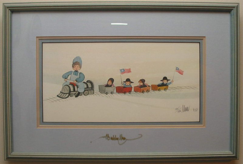 All Aboard framed with 3 mats, glass signed by artist