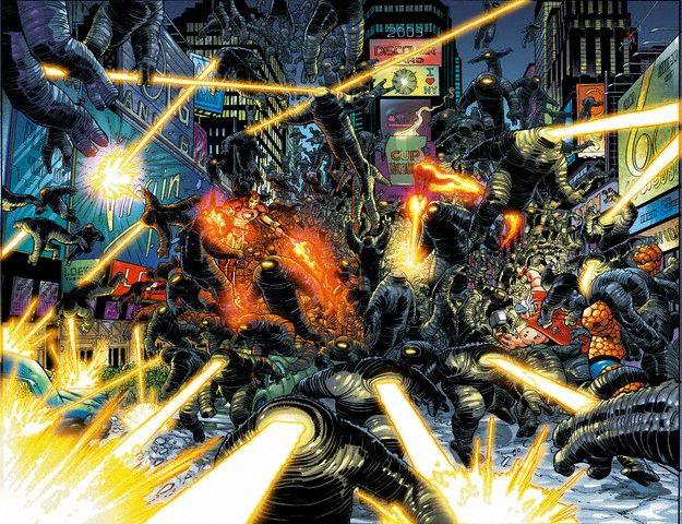 Iron Man, Human Torch, Thor, and Thing Fighting the Min...