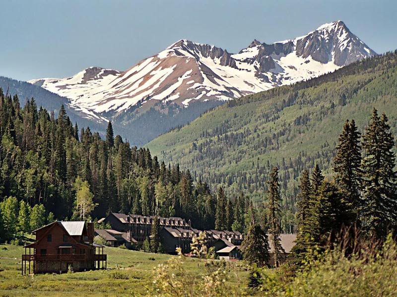 Mountains rising above condos, Purgatory