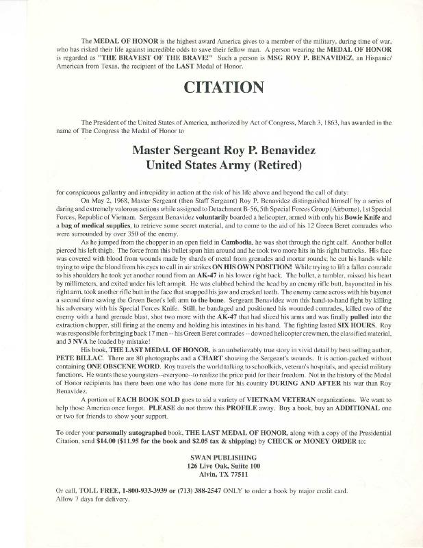 Master Sergeant Roy P Benavidez (Citation)