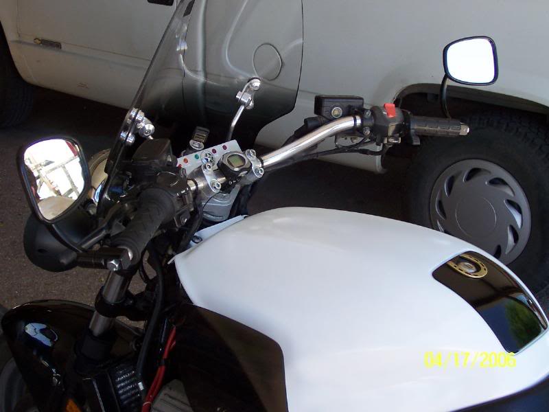 View showing the barend mirrors, the aluminum handlebar...
