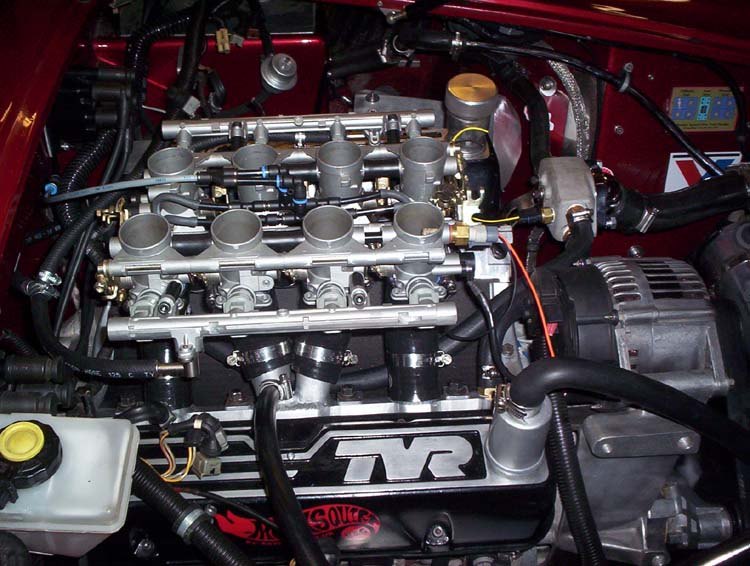 Throttle bodies fitted to a Rover V8