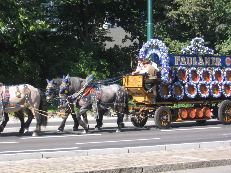 horses carrying the kegs to oktoberfest