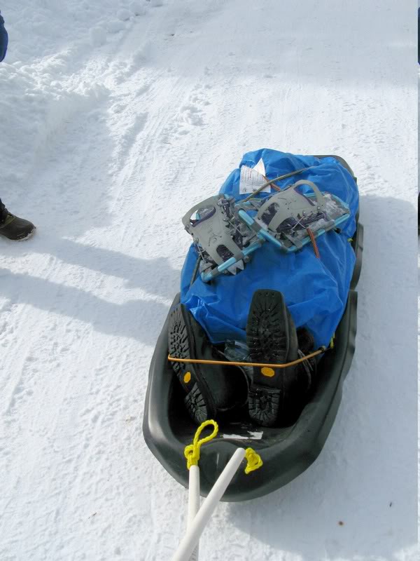 MY SLED WITH MOUNTAIN STEVES BOOTS AT THE FRONT.