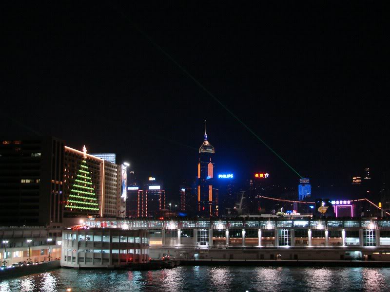 Nightview--Ferr y dock on the Kowloon side with the HK i...