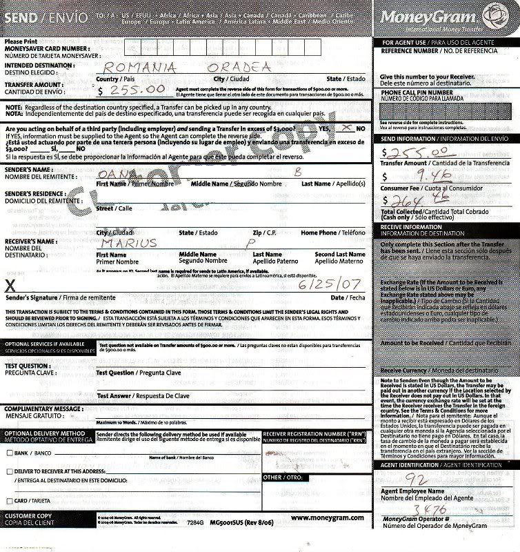 Proiectul Sara - Donatii - Transfer MoneyGram