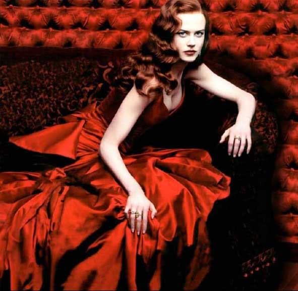 Nicole Kidman in red silk gown formal portrait