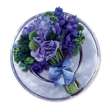 blue delphinium, hydrangea, muscari, euphorbia