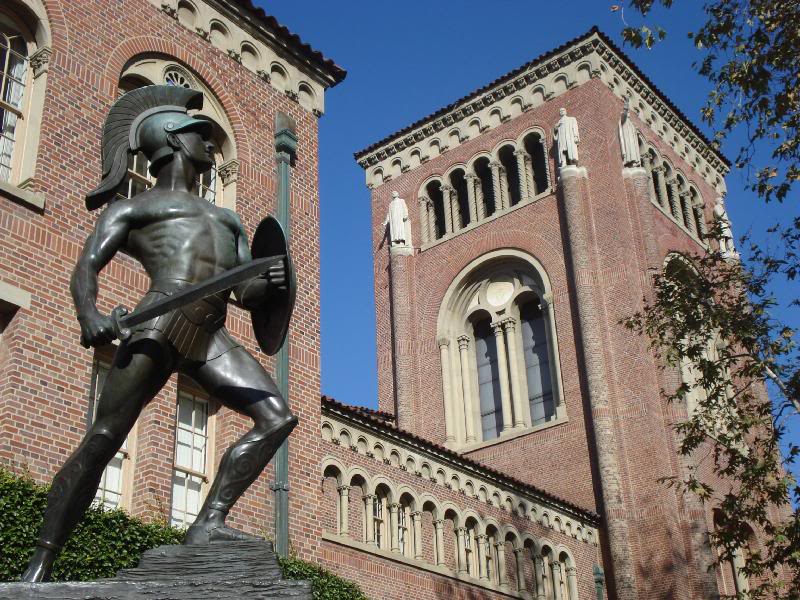 Tommy Trojan outside Bovard Auditorium