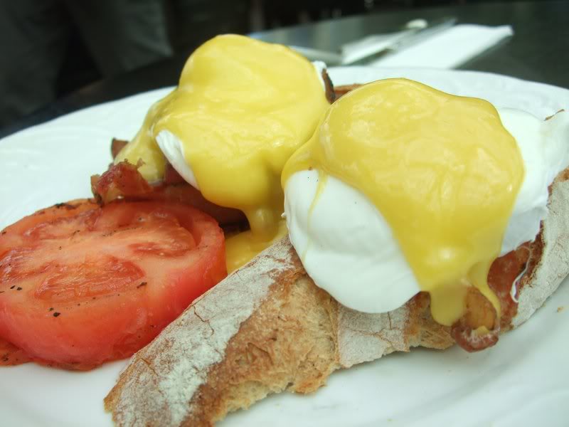 5. eggs benedict - poached eggs and bacon served on far...