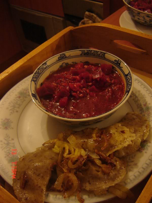 Beet Soup and Perogies with flax seed dough