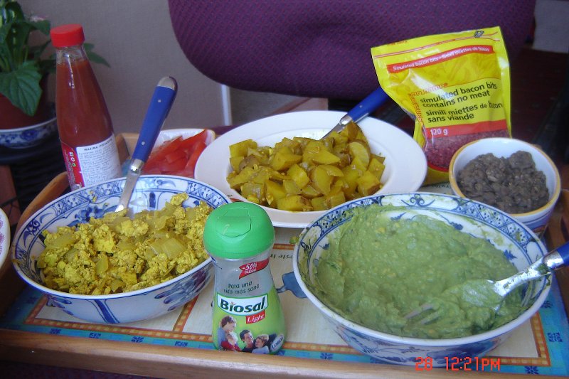 Guacamole, Curried Potatoes, scrambled tofu and refried...