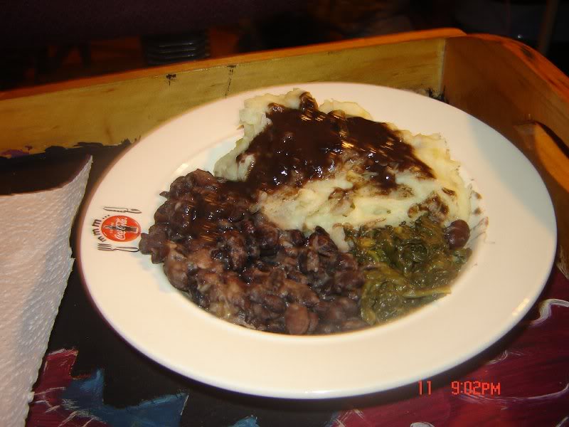 Mashed Potatoes, refried beans, Spinach with black bean...