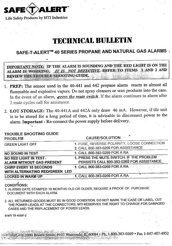 Safet-T-Alert Propane & Natural Gas Alarm Technical Bul...