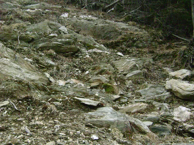 Loose gravel and bedrock of the slide