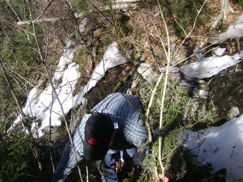 Looking down at Ed, note the steep terrain