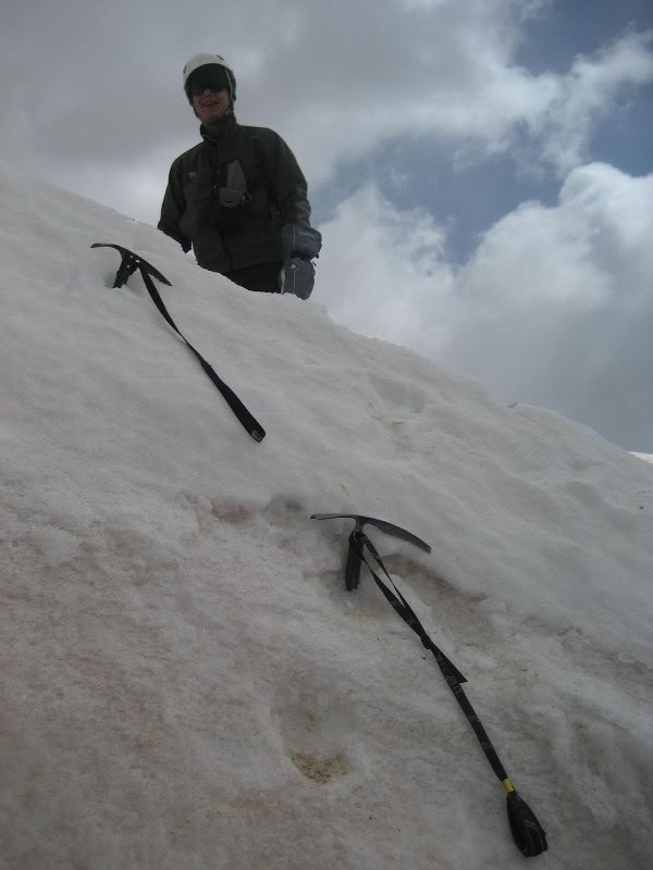 Creative use of Ice Axes to cross a bit of snow.