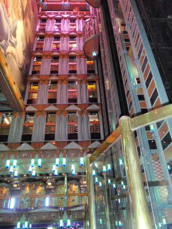 The lobby and glass elevators