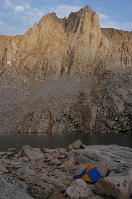 My tent at Meysan Lake under east butress of Mt. Irvine