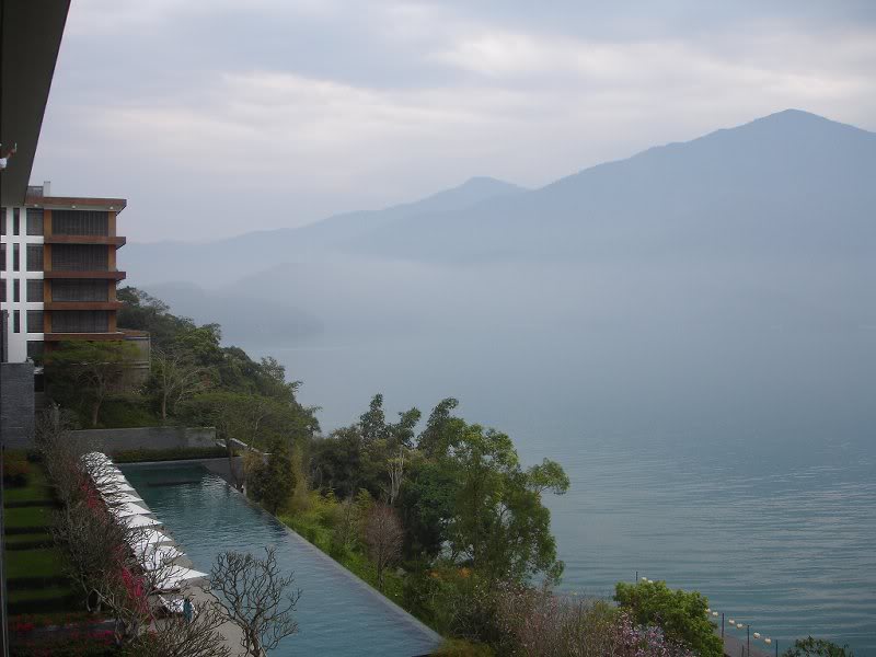 Sun Moon Lake and the lakeside pool of Lalu Hotel